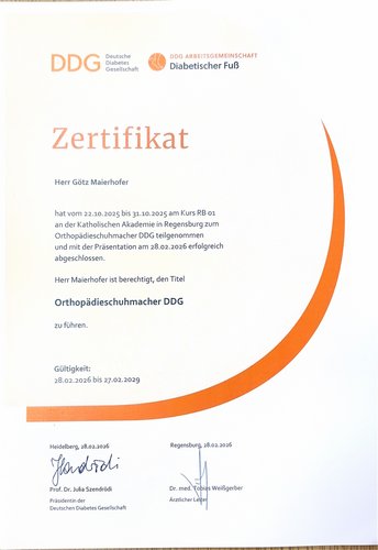 Zertifikat von der Deutschen Diabetes Gesellschaft (DDG) über die Teilnahme an der Fortbildung zur Versorgung beim Diabetischen Fußsyndrom