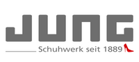 Logo von JUNG mit grauem Blockschriftzug und rotem Akzent, darunter der Slogan Schuhwerk seit 1889