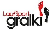 Logo von Laufsport Gralki mit rotem und schwarzem Fußabdruck und markanter schwarzer Schrift